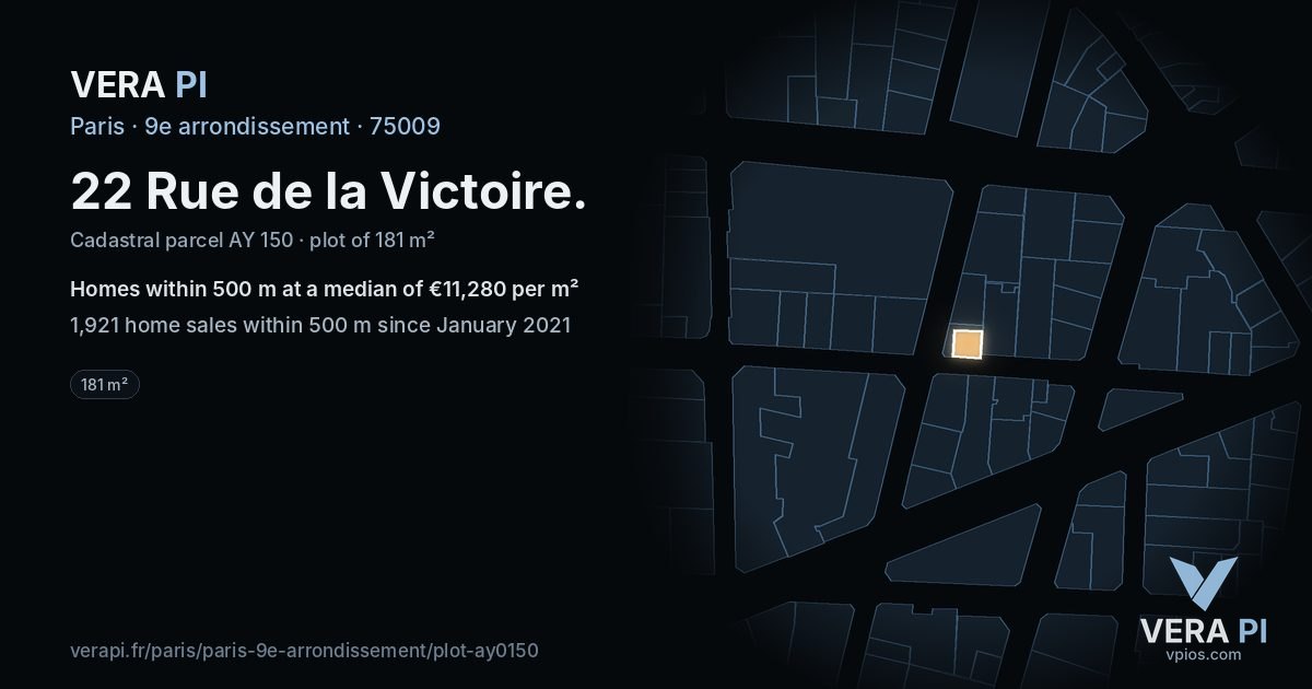 22 Rue de la Victoire, 9e arrondissement at night – the plot lit, the parcels around coloured by the prices near them