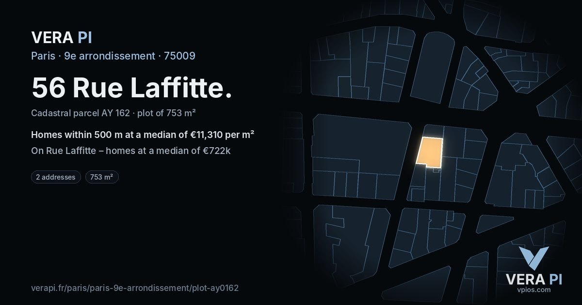 56 Rue Laffitte, 9e arrondissement at night – the plot lit, the parcels around coloured by the prices near them