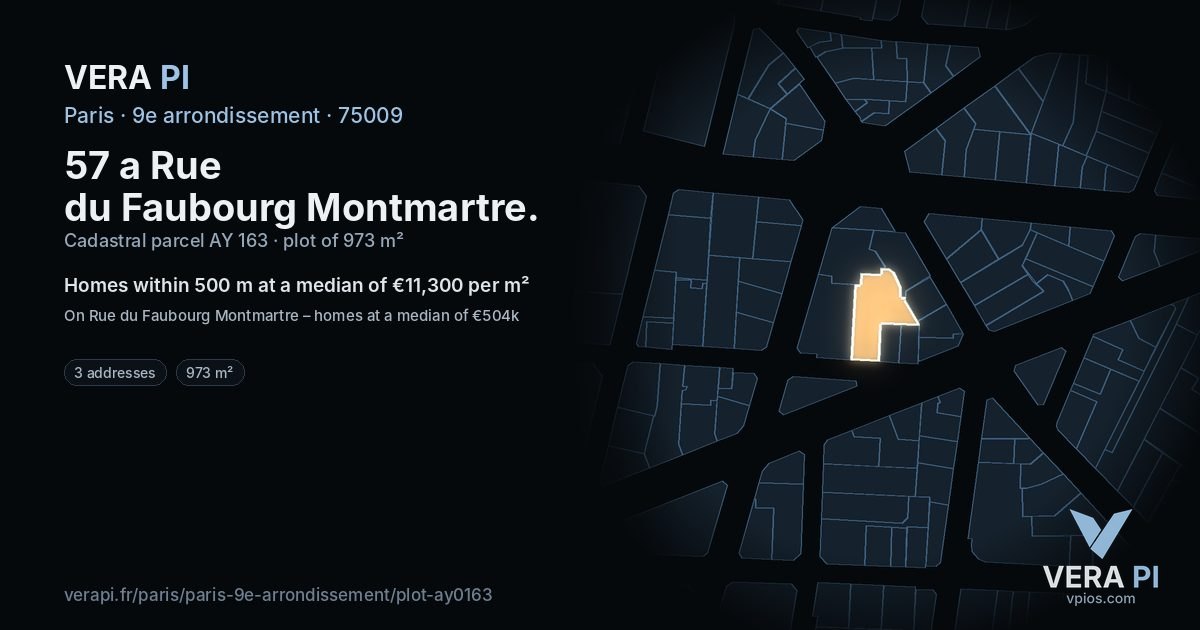 57 a Rue du Faubourg Montmartre, 9e arrondissement at night – the plot lit, the parcels around coloured by the prices near them