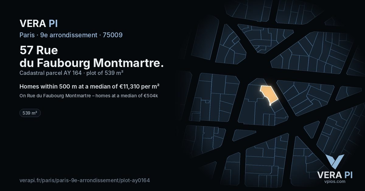 57 Rue du Faubourg Montmartre, 9e arrondissement at night – the plot lit, the parcels around coloured by the prices near them