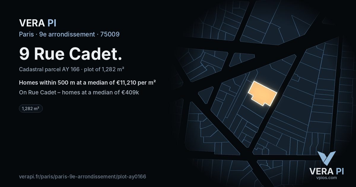 9 Rue Cadet, 9e arrondissement at night – the plot lit, the parcels around coloured by the prices near them