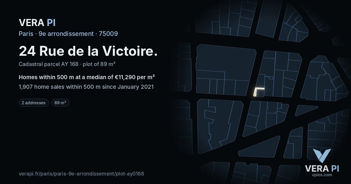 24 Rue de la Victoire, 9e arrondissement at night – the plot lit, the parcels around coloured by the prices near them
