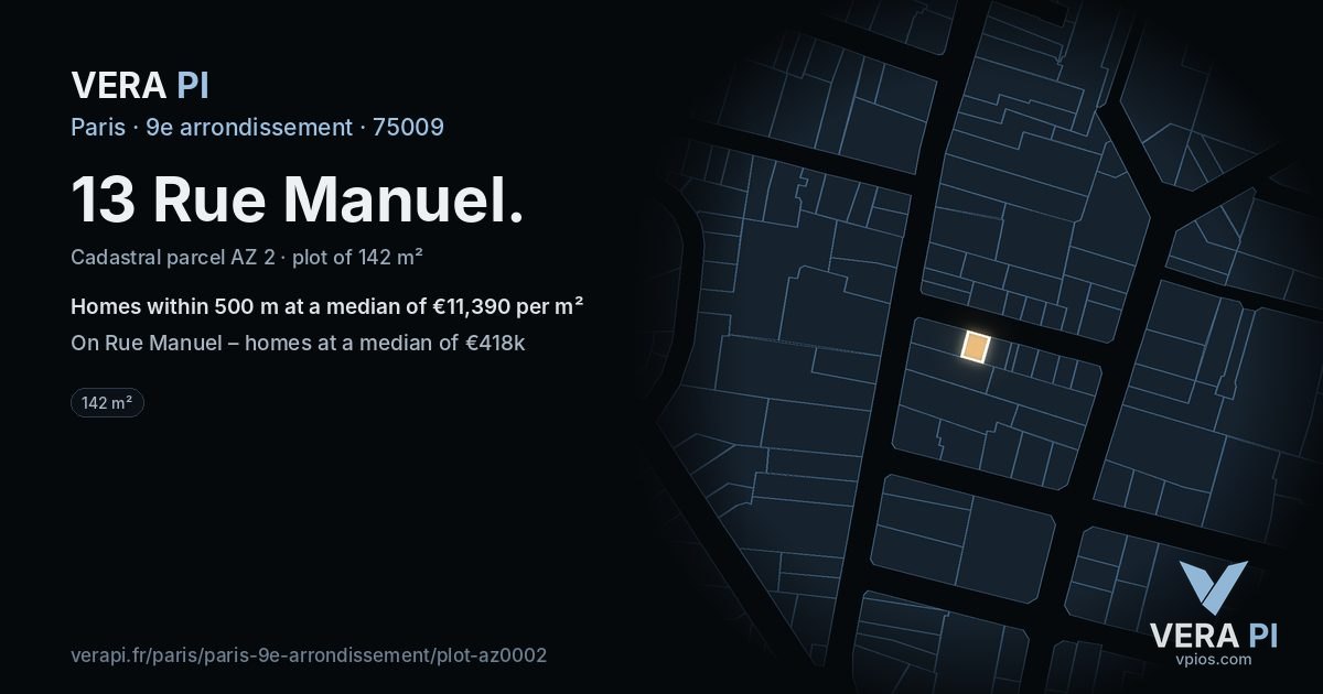 13 Rue Manuel, 9e arrondissement at night – the plot lit, the parcels around coloured by the prices near them