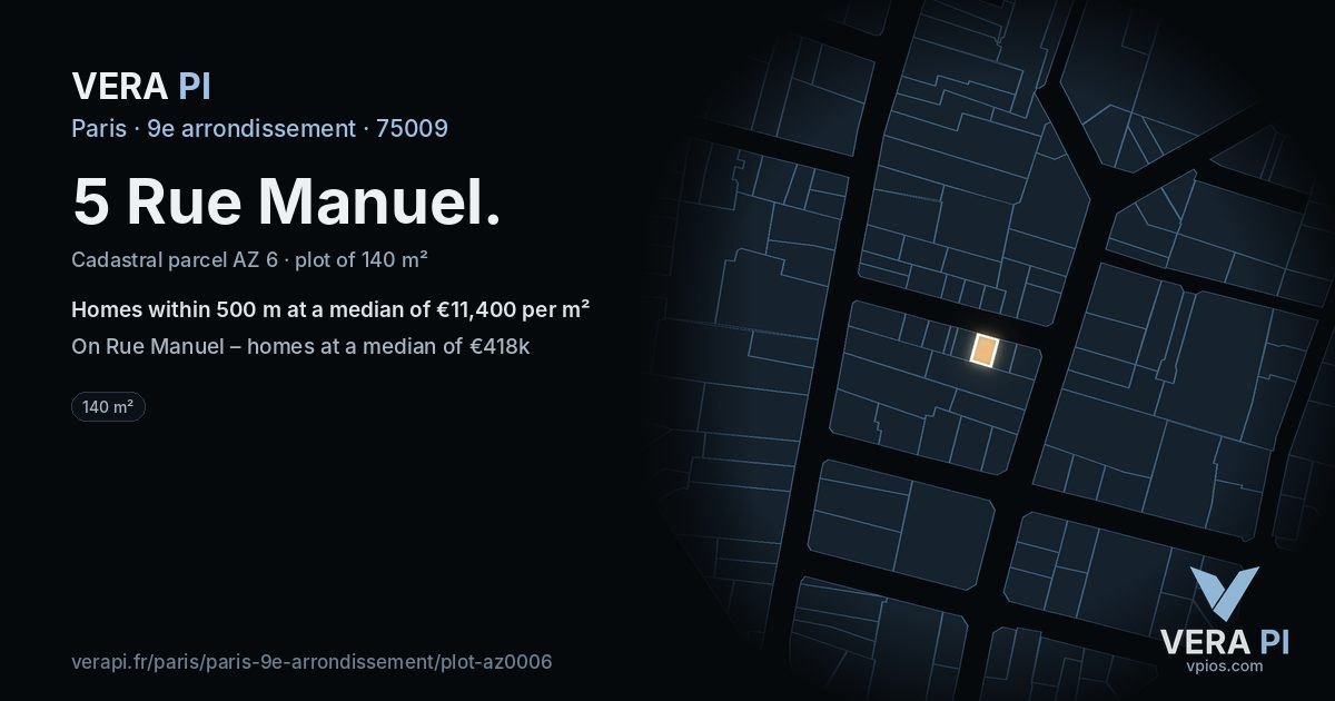 5 Rue Manuel, 9e arrondissement at night – the plot lit, the parcels around coloured by the prices near them