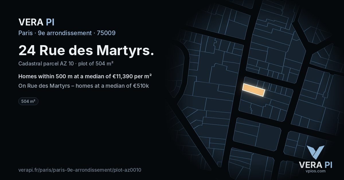 24 Rue des Martyrs, 9e arrondissement at night – the plot lit, the parcels around coloured by the prices near them