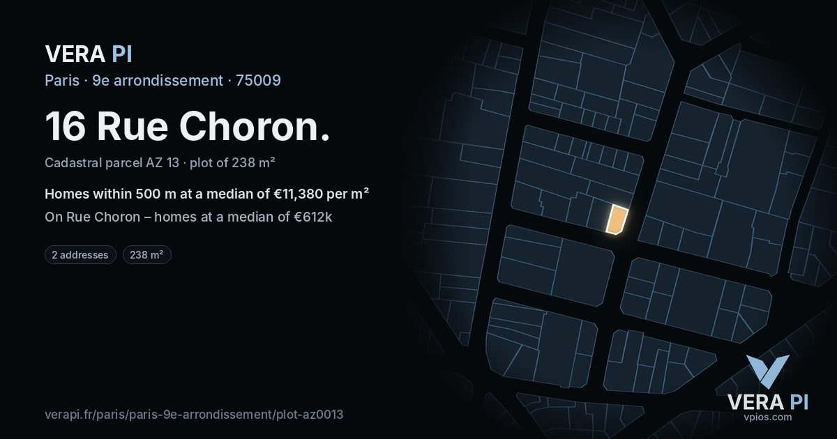 16 Rue Choron, 9e arrondissement at night – the plot lit, the parcels around coloured by the prices near them
