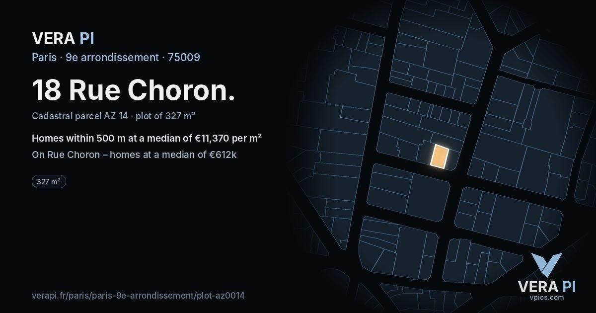 18 Rue Choron, 9e arrondissement at night – the plot lit, the parcels around coloured by the prices near them