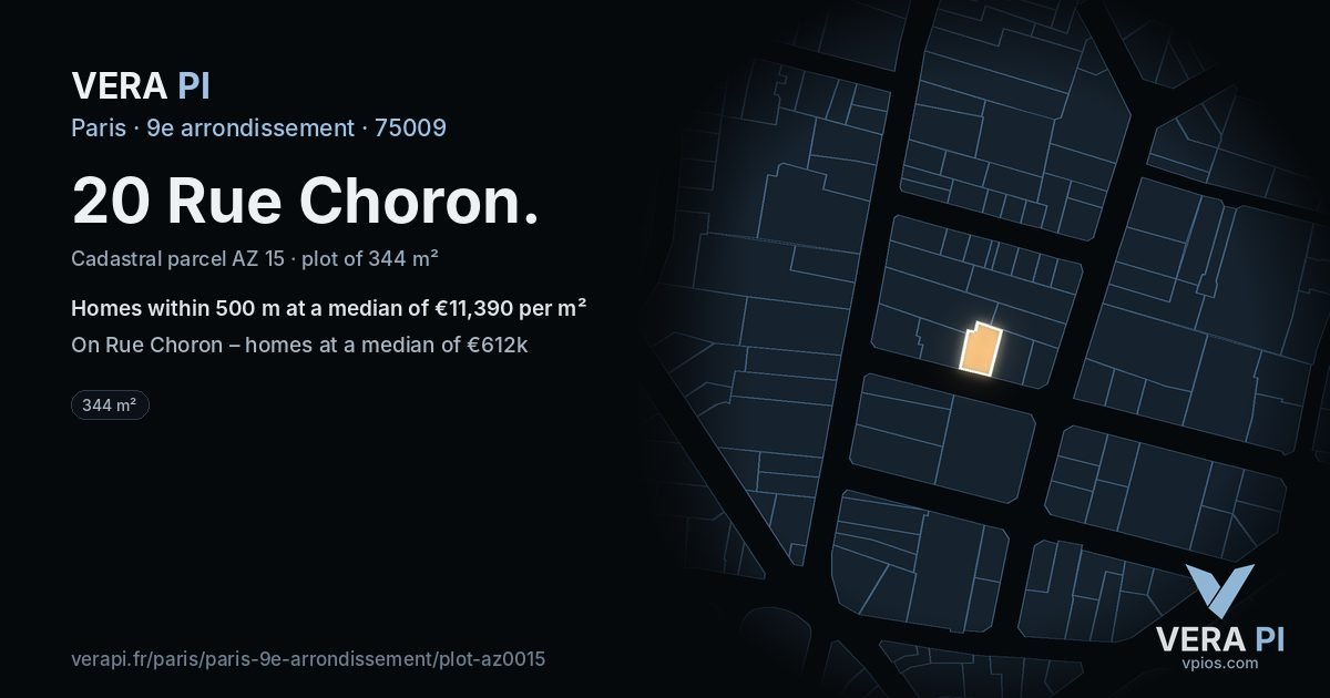 20 Rue Choron, 9e arrondissement at night – the plot lit, the parcels around coloured by the prices near them
