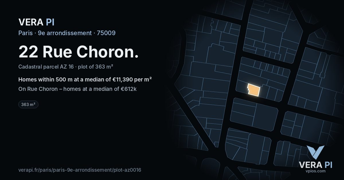 22 Rue Choron, 9e arrondissement at night – the plot lit, the parcels around coloured by the prices near them