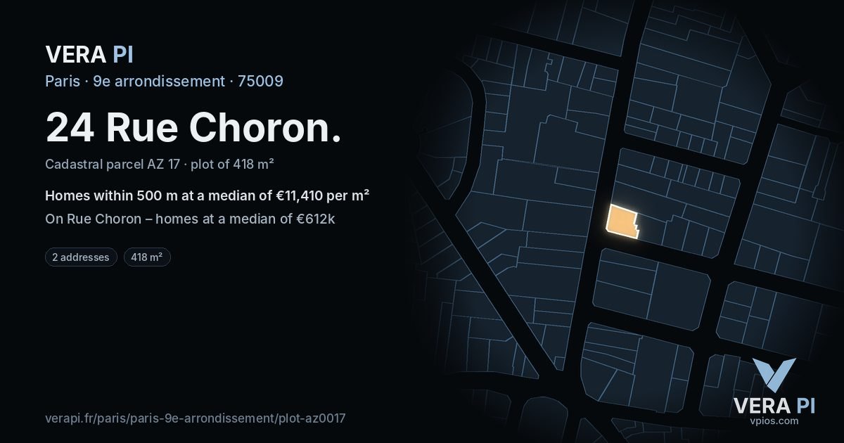 24 Rue Choron, 9e arrondissement at night – the plot lit, the parcels around coloured by the prices near them