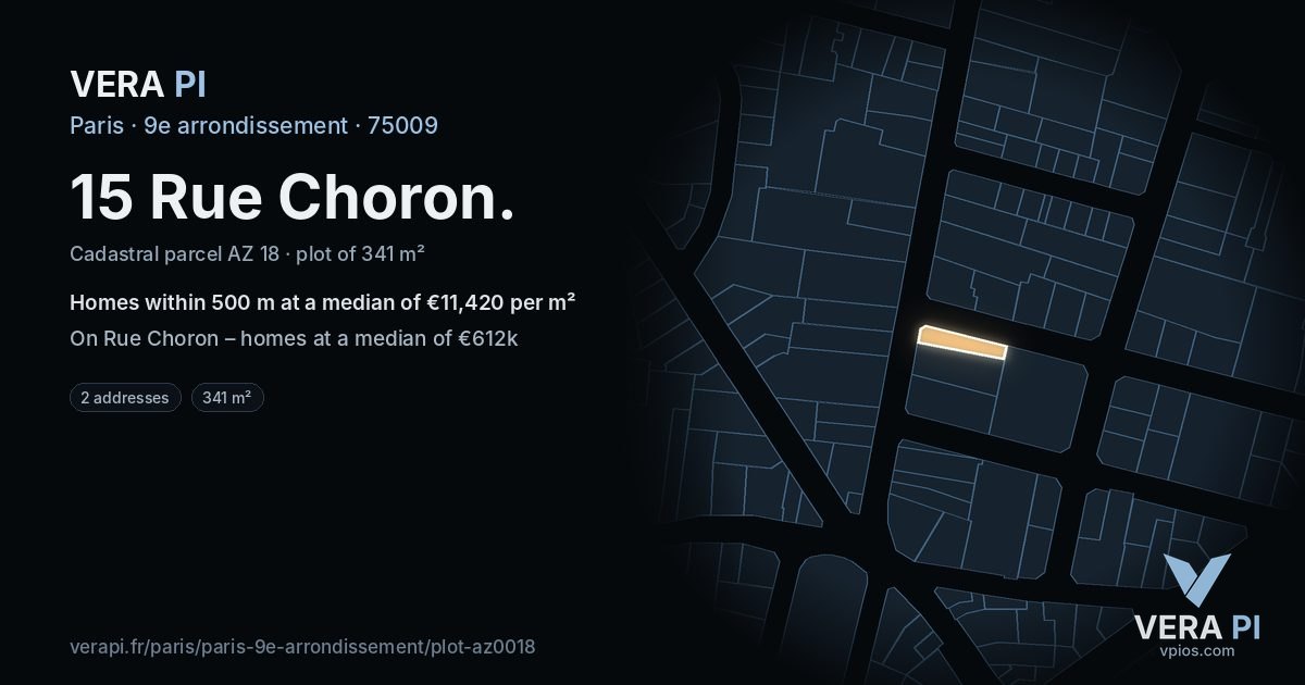 15 Rue Choron, 9e arrondissement at night – the plot lit, the parcels around coloured by the prices near them