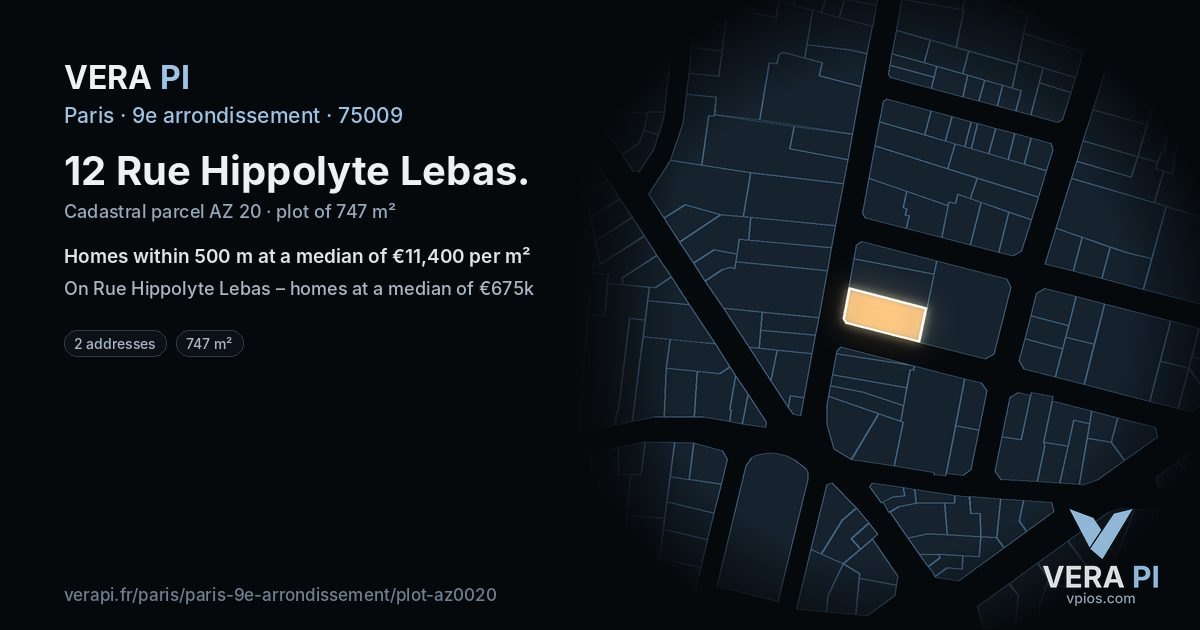 12 Rue Hippolyte Lebas, 9e arrondissement at night – the plot lit, the parcels around coloured by the prices near them