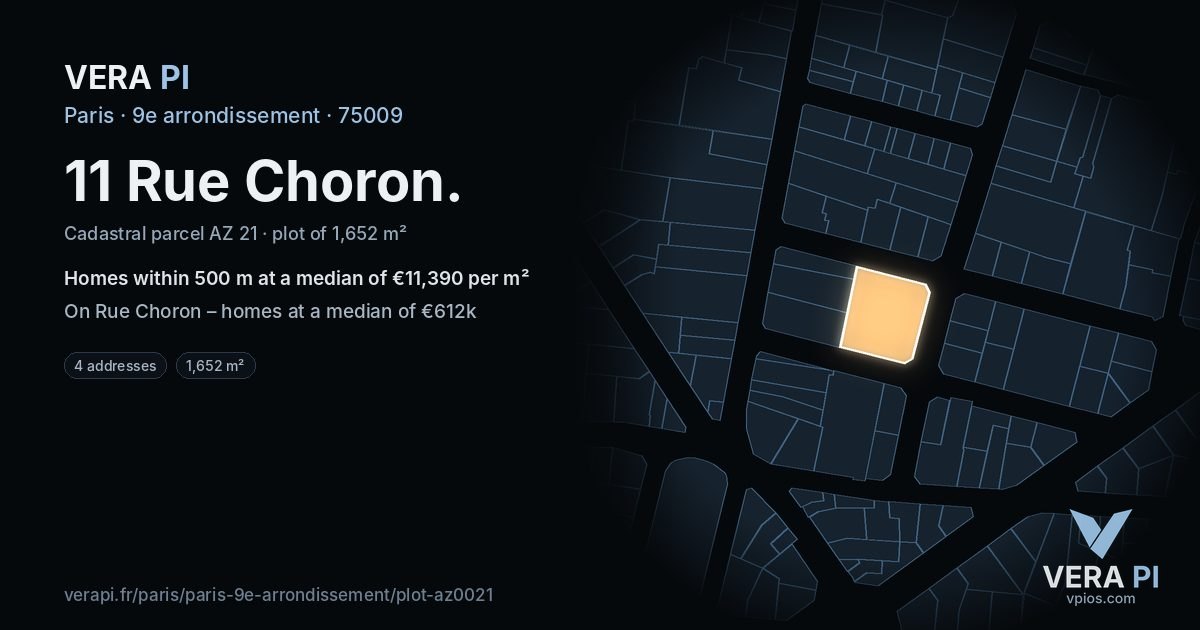 11 Rue Choron, 9e arrondissement at night – the plot lit, the parcels around coloured by the prices near them