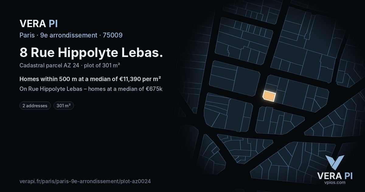 8 Rue Hippolyte Lebas, 9e arrondissement at night – the plot lit, the parcels around coloured by the prices near them