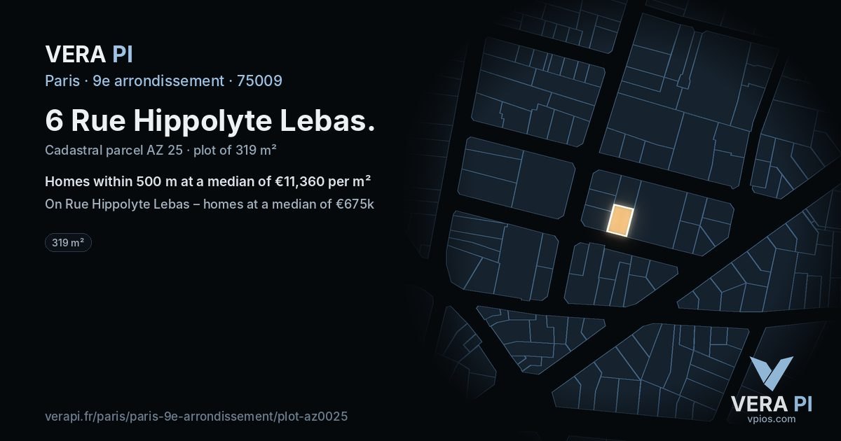 6 Rue Hippolyte Lebas, 9e arrondissement at night – the plot lit, the parcels around coloured by the prices near them