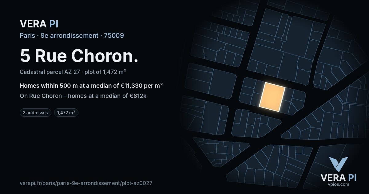 5 Rue Choron, 9e arrondissement at night – the plot lit, the parcels around coloured by the prices near them