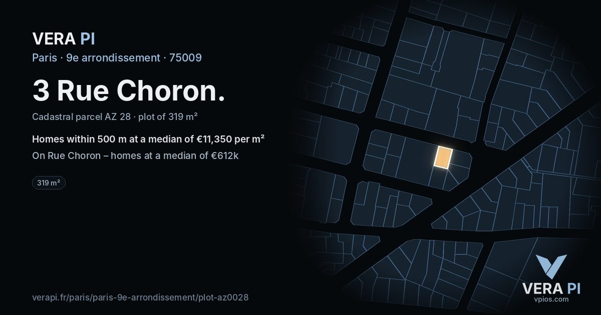 3 Rue Choron, 9e arrondissement at night – the plot lit, the parcels around coloured by the prices near them