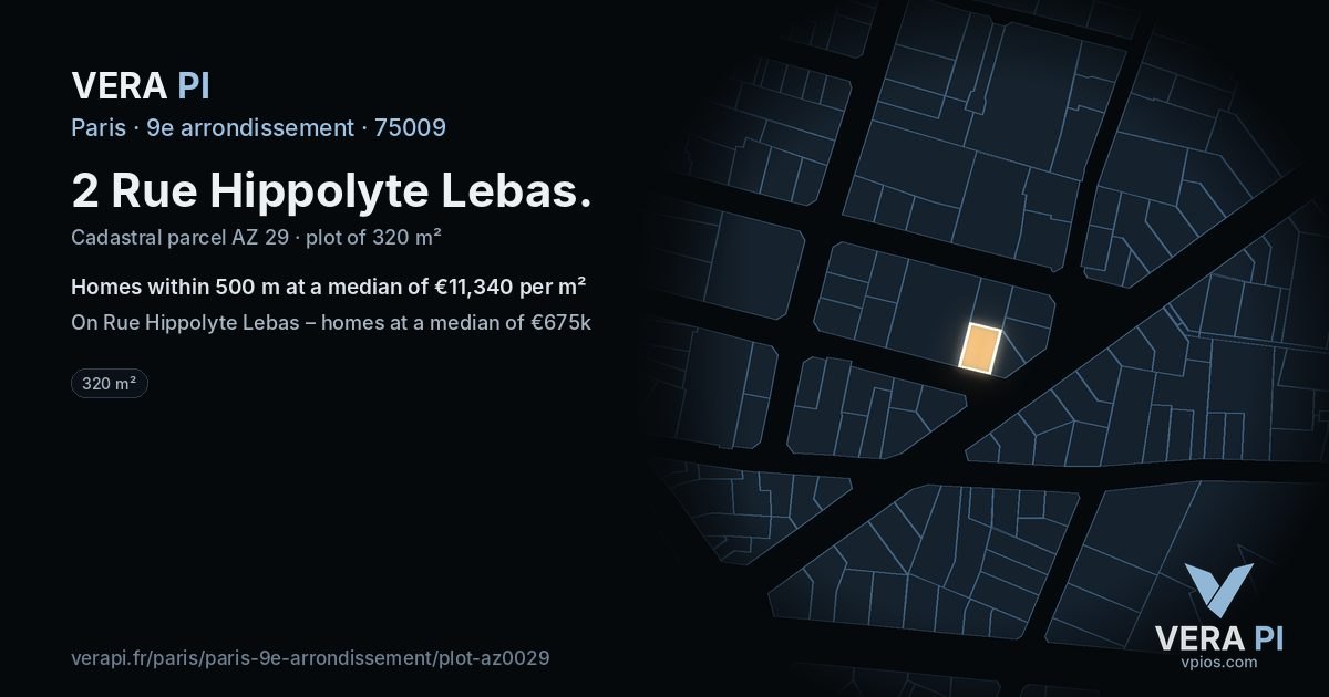 2 Rue Hippolyte Lebas, 9e arrondissement at night – the plot lit, the parcels around coloured by the prices near them