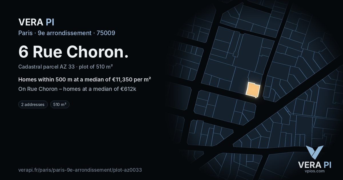 6 Rue Choron, 9e arrondissement at night – the plot lit, the parcels around coloured by the prices near them
