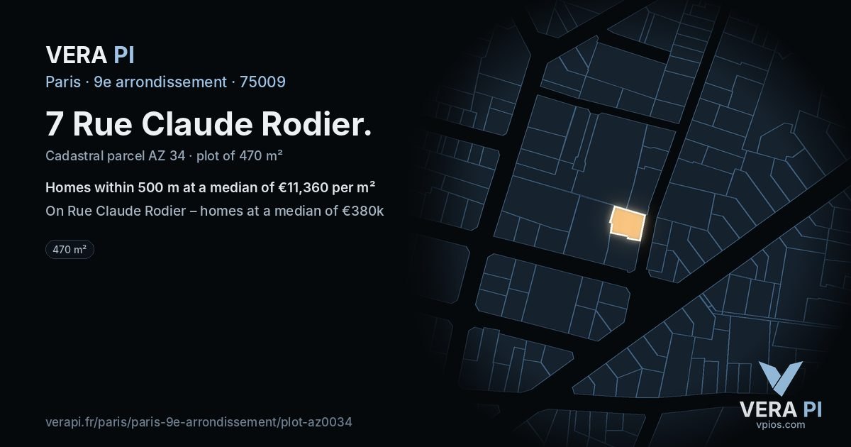 7 Rue Claude Rodier, 9e arrondissement at night – the plot lit, the parcels around coloured by the prices near them