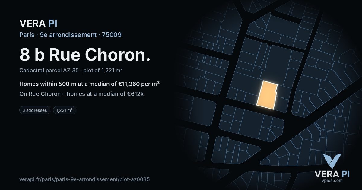 8 b Rue Choron, 9e arrondissement at night – the plot lit, the parcels around coloured by the prices near them