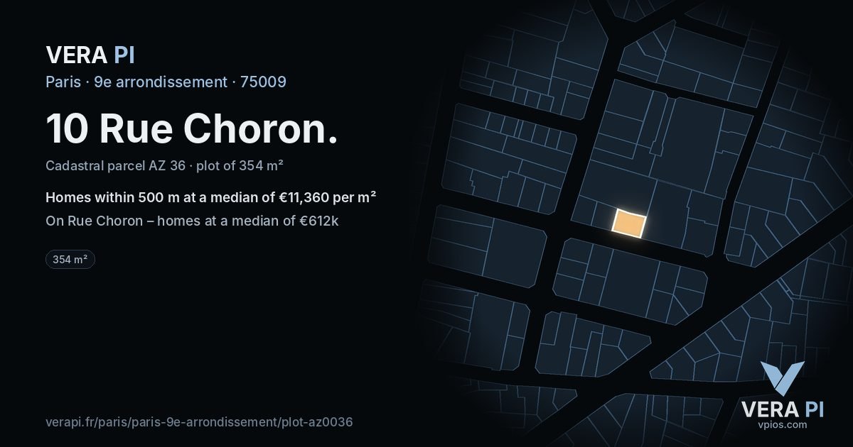 10 Rue Choron, 9e arrondissement at night – the plot lit, the parcels around coloured by the prices near them