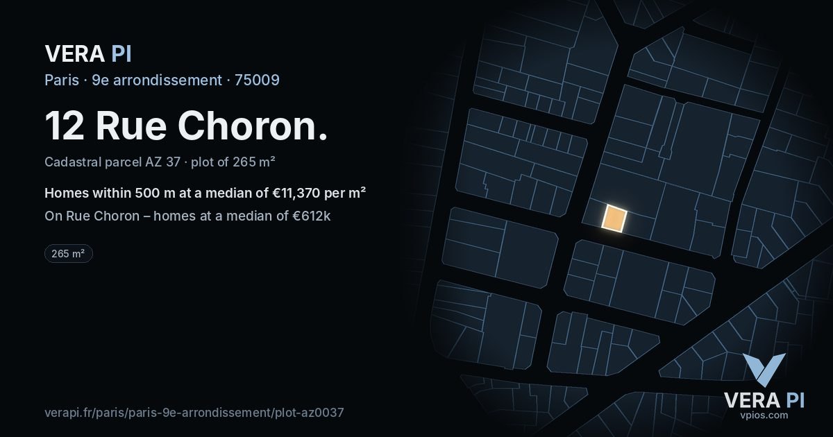 12 Rue Choron, 9e arrondissement at night – the plot lit, the parcels around coloured by the prices near them