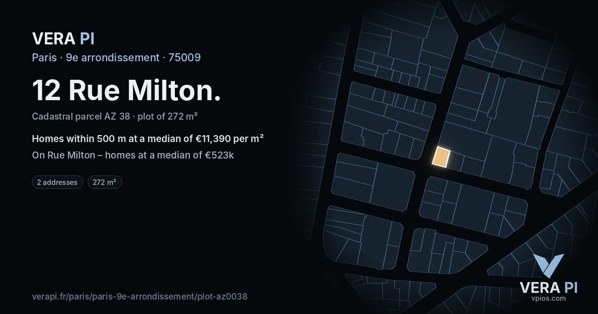 12 Rue Milton, 9e arrondissement at night – the plot lit, the parcels around coloured by the prices near them