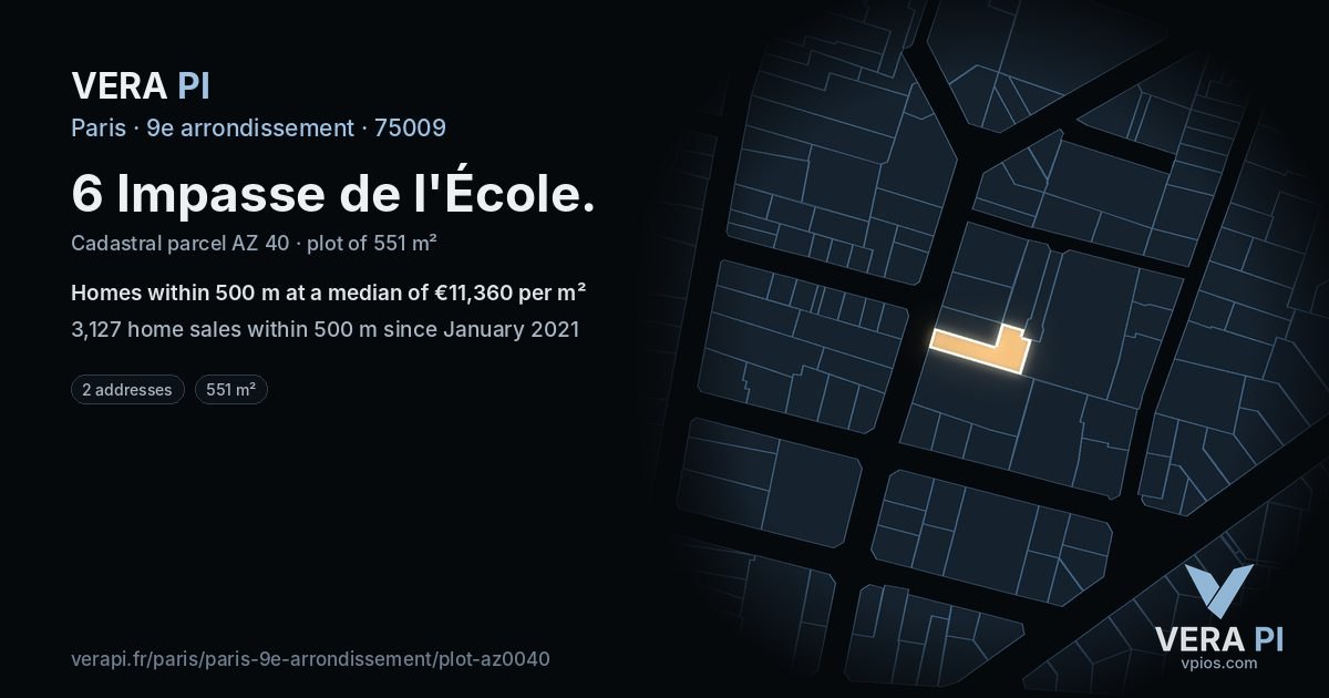 6 Impasse de l'École, 9e arrondissement at night – the plot lit, the parcels around coloured by the prices near them