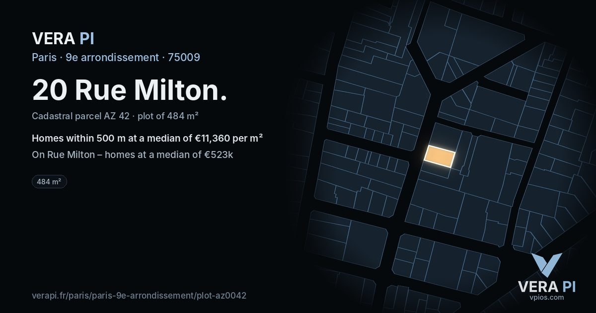 20 Rue Milton, 9e arrondissement at night – the plot lit, the parcels around coloured by the prices near them