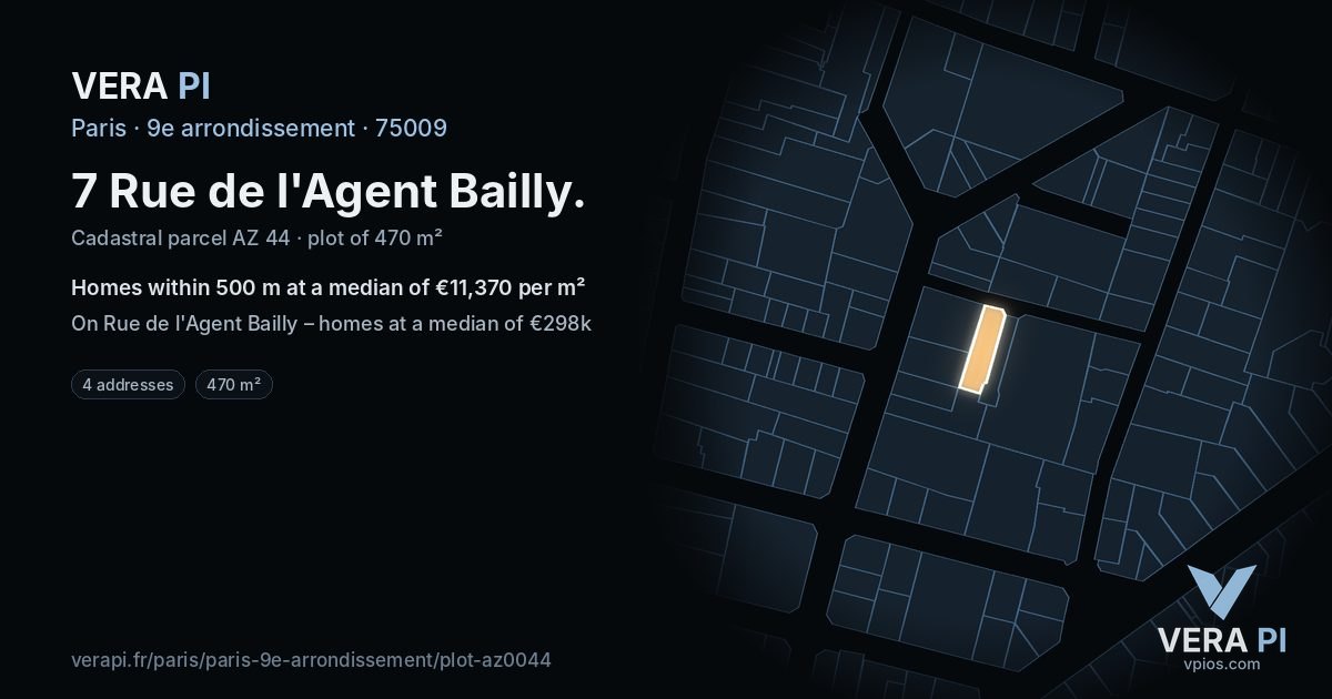 7 Rue de l'Agent Bailly, 9e arrondissement at night – the plot lit, the parcels around coloured by the prices near them