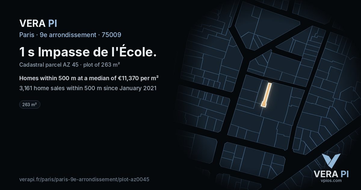 1 s Impasse de l'École, 9e arrondissement at night – the plot lit, the parcels around coloured by the prices near them