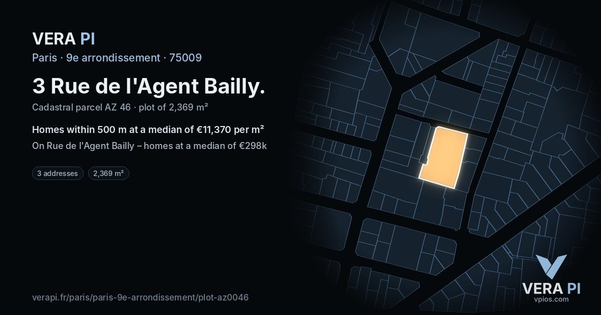 3 Rue de l'Agent Bailly, 9e arrondissement at night – the plot lit, the parcels around coloured by the prices near them