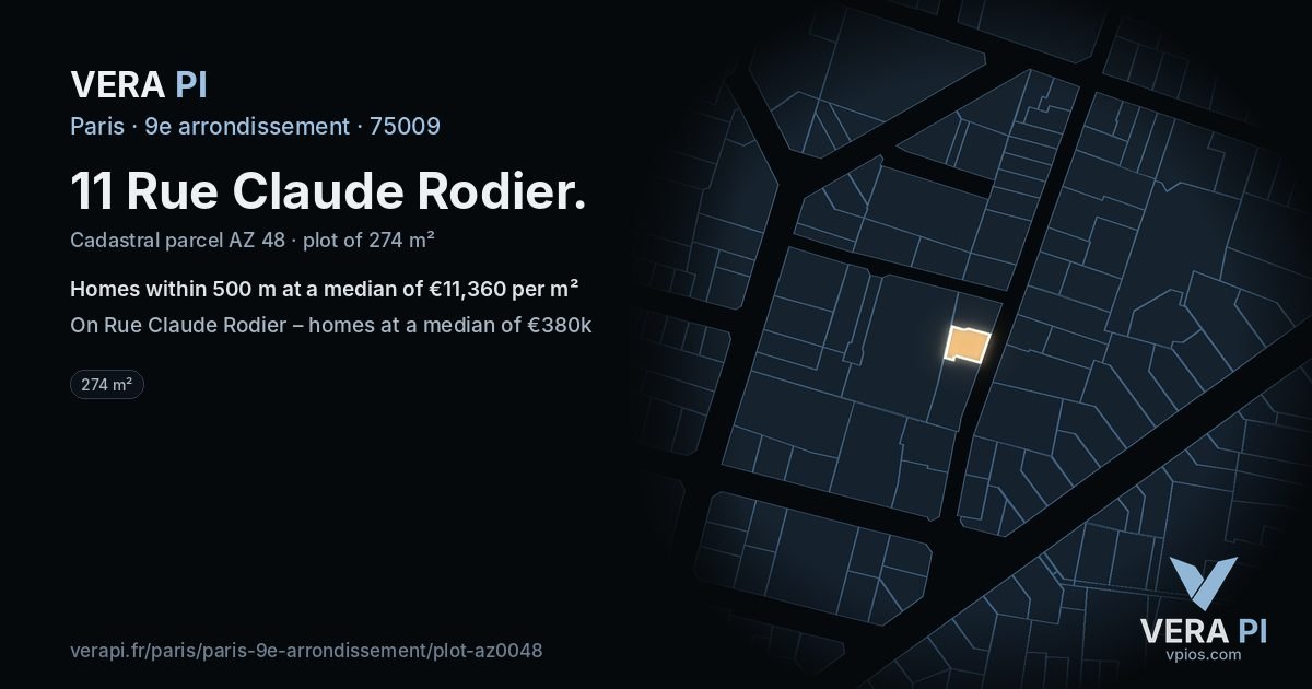 11 Rue Claude Rodier, 9e arrondissement at night – the plot lit, the parcels around coloured by the prices near them