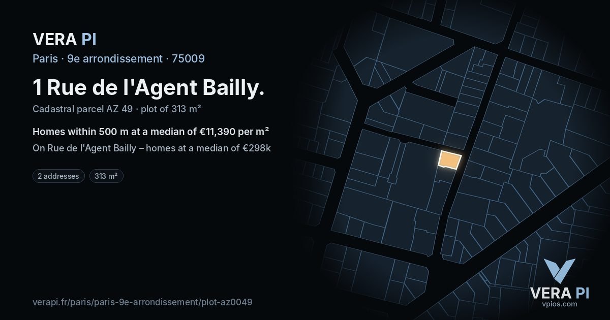 1 Rue de l'Agent Bailly, 9e arrondissement at night – the plot lit, the parcels around coloured by the prices near them