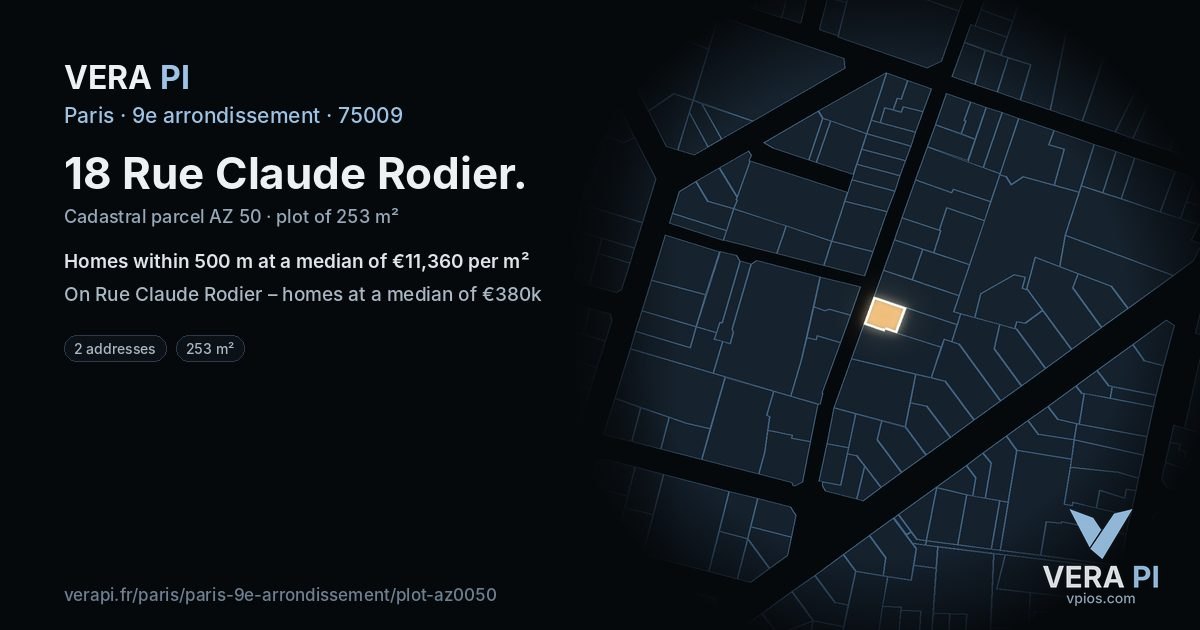 18 Rue Claude Rodier, 9e arrondissement at night – the plot lit, the parcels around coloured by the prices near them