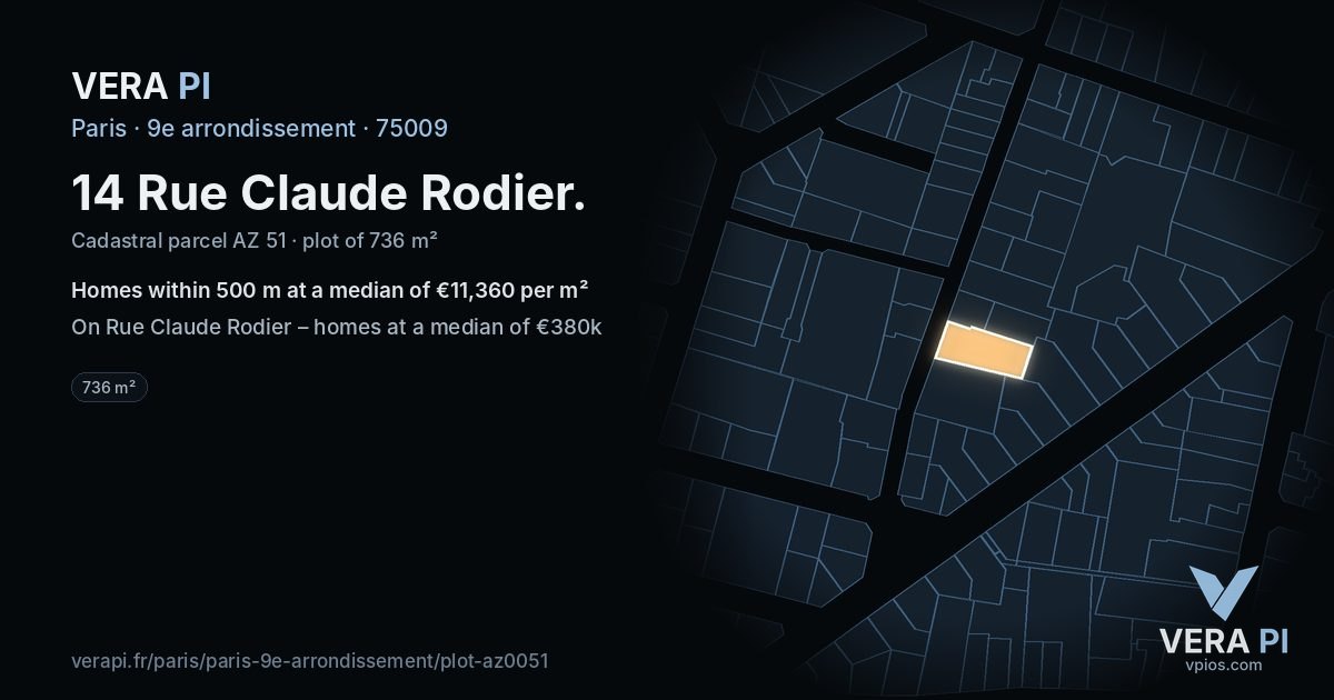 14 Rue Claude Rodier, 9e arrondissement at night – the plot lit, the parcels around coloured by the prices near them