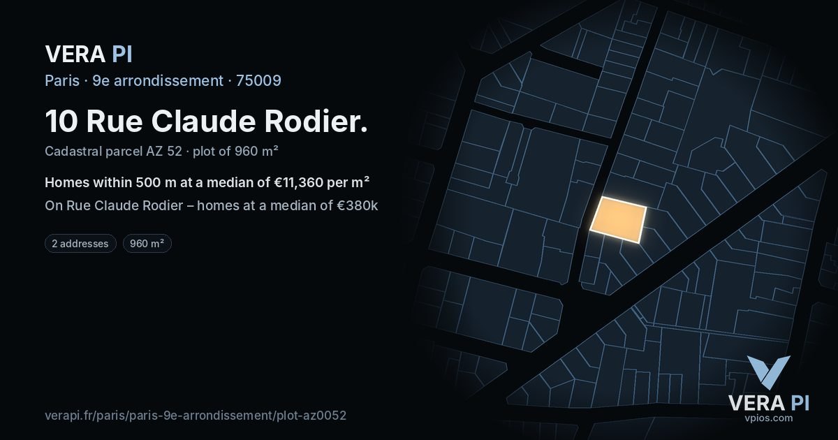 10 Rue Claude Rodier, 9e arrondissement at night – the plot lit, the parcels around coloured by the prices near them