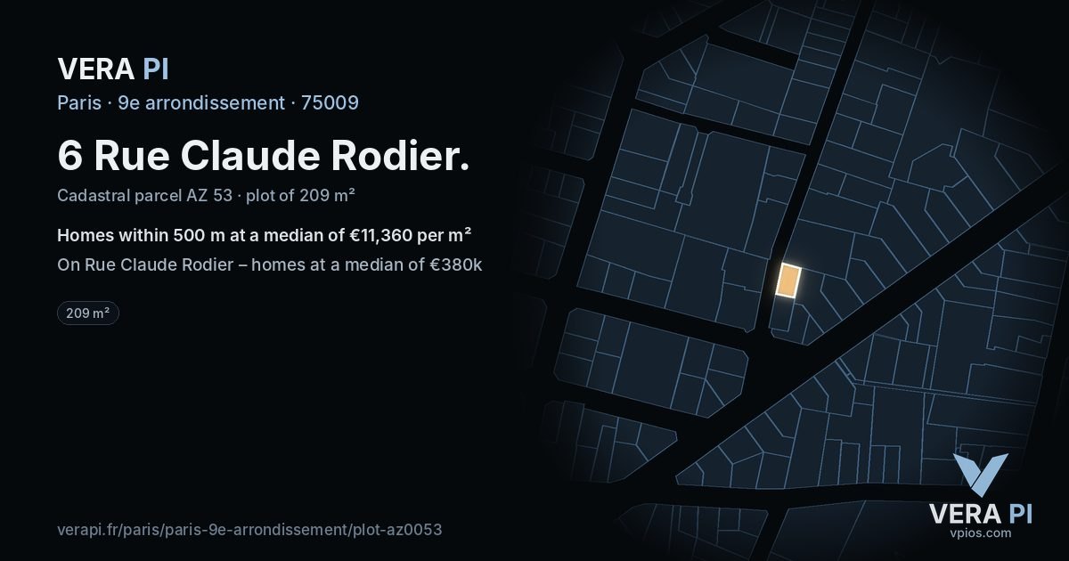 6 Rue Claude Rodier, 9e arrondissement at night – the plot lit, the parcels around coloured by the prices near them