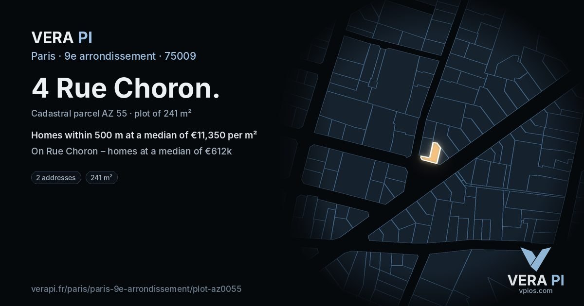 4 Rue Choron, 9e arrondissement at night – the plot lit, the parcels around coloured by the prices near them