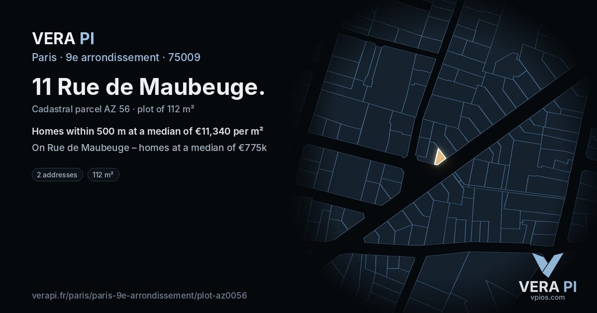 11 Rue de Maubeuge, 9e arrondissement at night – the plot lit, the parcels around coloured by the prices near them