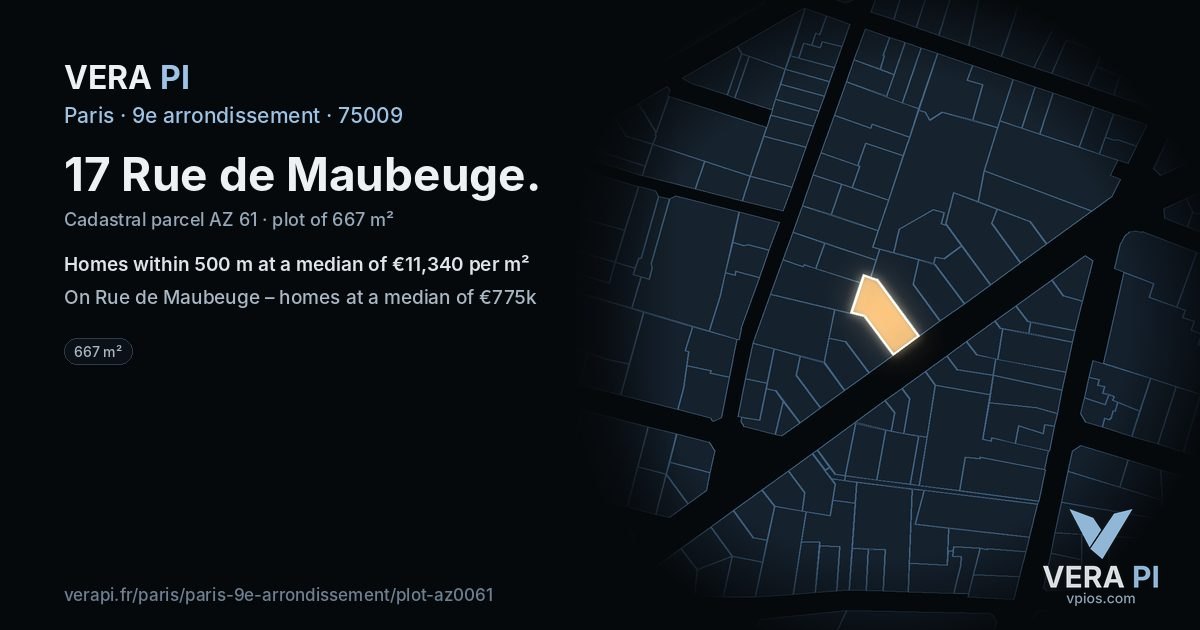 17 Rue de Maubeuge, 9e arrondissement at night – the plot lit, the parcels around coloured by the prices near them