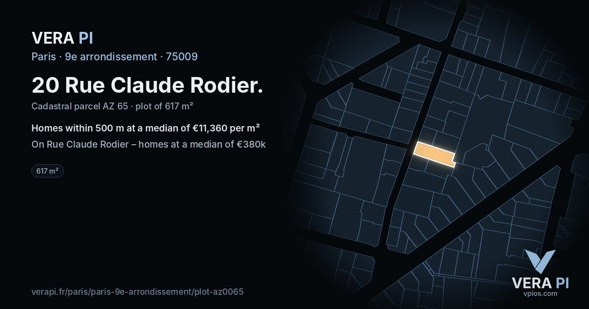 20 Rue Claude Rodier, 9e arrondissement at night – the plot lit, the parcels around coloured by the prices near them