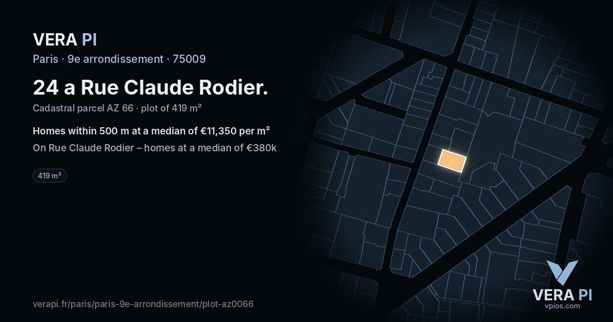 24 a Rue Claude Rodier, 9e arrondissement at night – the plot lit, the parcels around coloured by the prices near them