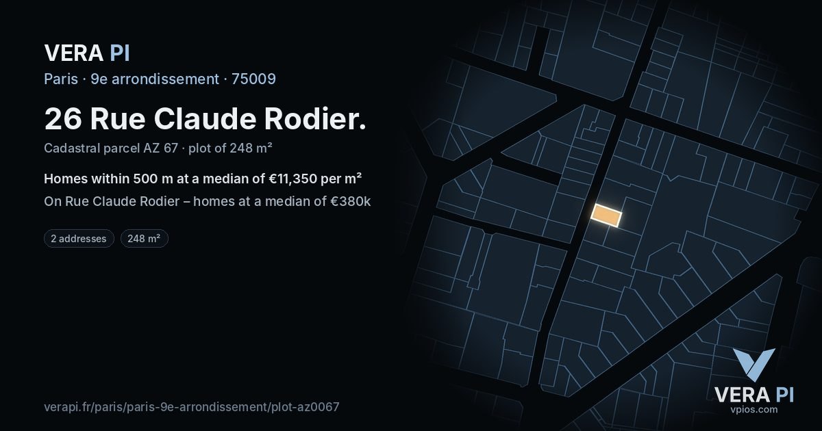 26 Rue Claude Rodier, 9e arrondissement at night – the plot lit, the parcels around coloured by the prices near them