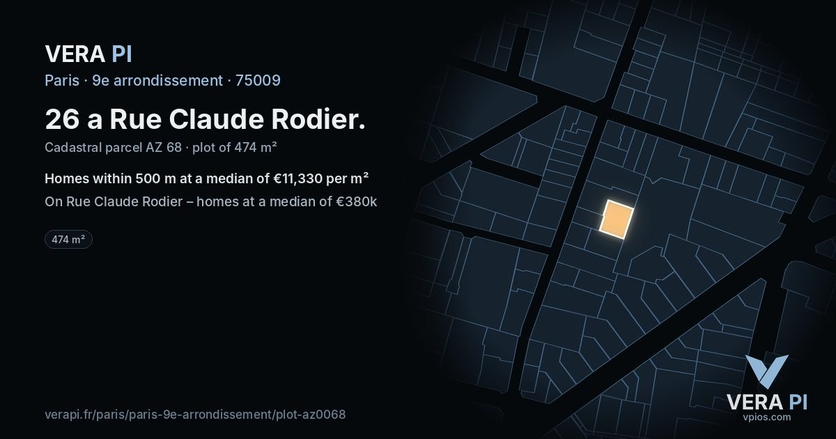 26 a Rue Claude Rodier, 9e arrondissement at night – the plot lit, the parcels around coloured by the prices near them