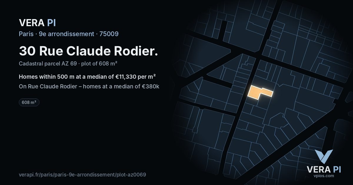 30 Rue Claude Rodier, 9e arrondissement at night – the plot lit, the parcels around coloured by the prices near them