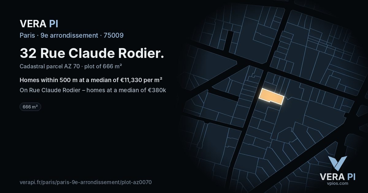 32 Rue Claude Rodier, 9e arrondissement at night – the plot lit, the parcels around coloured by the prices near them