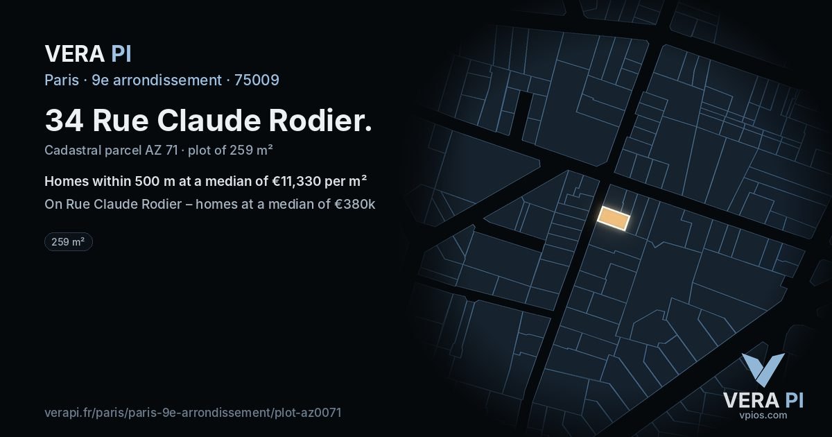 34 Rue Claude Rodier, 9e arrondissement at night – the plot lit, the parcels around coloured by the prices near them