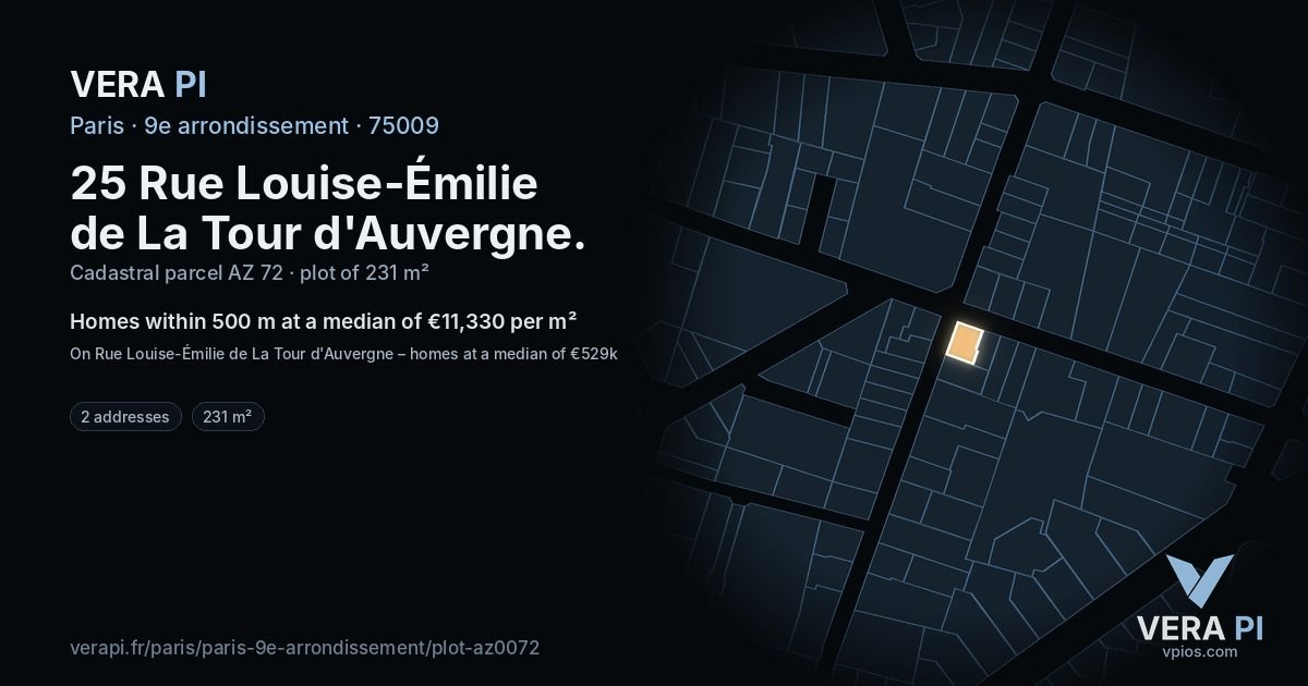25 Rue Louise-Émilie de La Tour d'Auvergne, 9e arrondissement at night – the plot lit, the parcels around coloured by the prices near them